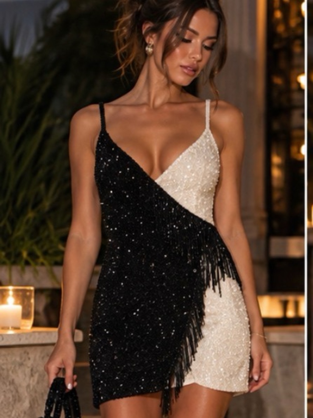 Sherri Hill Black & Ivory Beaded Fringe Mini Dress